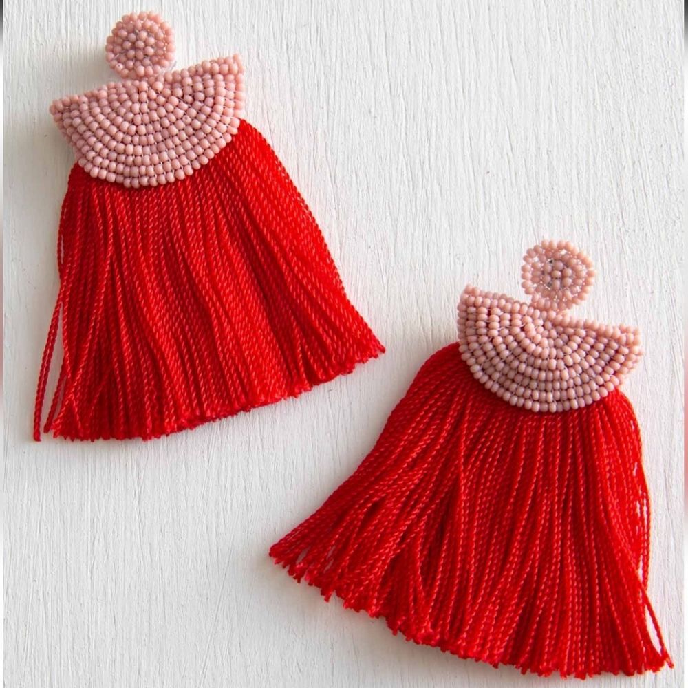 Ablaze Red Tassle Handmade Beaded Thread Bohemian Style Earrings